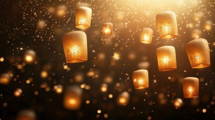 Glowing Sky Lanterns Ascend In Night Sky