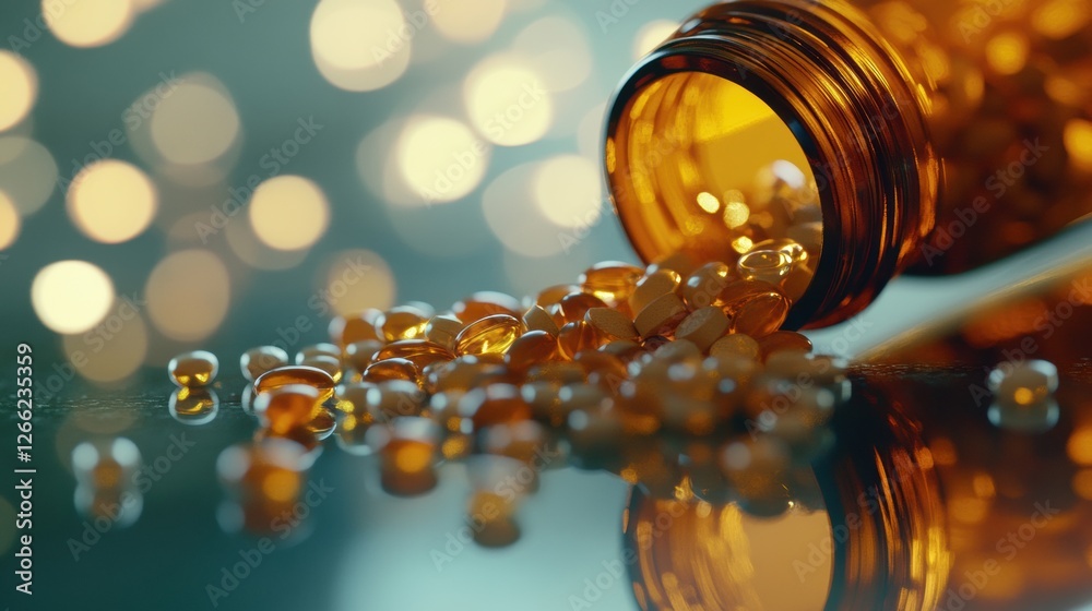 Poster colorful softgel capsules spill from an amber bottle on reflective surface with blurred lights in th