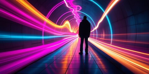 A silhouette of a person standing in a futuristic tunnel illuminated with neon swirls of pink, purple, blue, and orange lights, creating a sci-fi and cyberpunk-inspired atmosphere.

