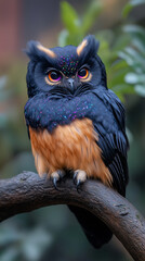 full body photograph of an black owl with rainbow sparkling dots. sitting on a branch