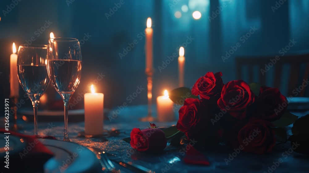 Poster Romantic table setting with candles and roses creates an intimate atmosphere for a special evening. Generative AI