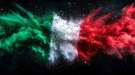 Dynamic Green White and Red Powder Explosions Symbolizing Mexican Flag on Black Background

