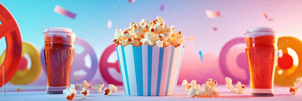 Poster Enjoying popcorn and drinks at a lively celebration in a colorful setting during the evening. Generative AI