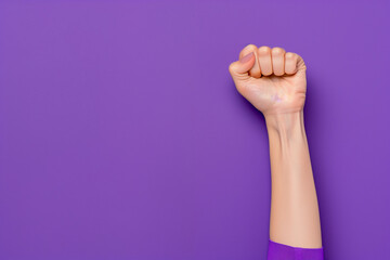 Feminist Raised Fist as Icon of Women&rsquo;s Strength and Social Change on Purple Background with Empty Copy Space for Messages