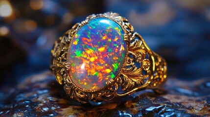 Exquisite Opal Ring with Fiery Iridescence and Intricate Gold Detailing