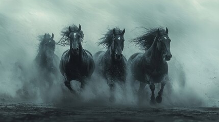 Fototapeta premium Black Horses Running Through Mist A Majestic Sight