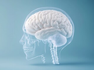 White Brain Model in Transparent Head, Blue Background