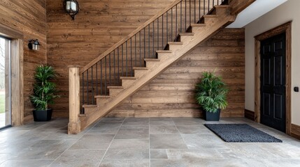 Obraz premium Wooden staircase in modern foyer with plants. Interior design. Possible use Home decor catalog