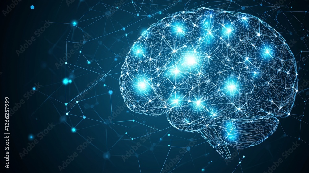 Poster high-tech digital brain with pulsating neural connections, deep-learning pathways shining in neon hu