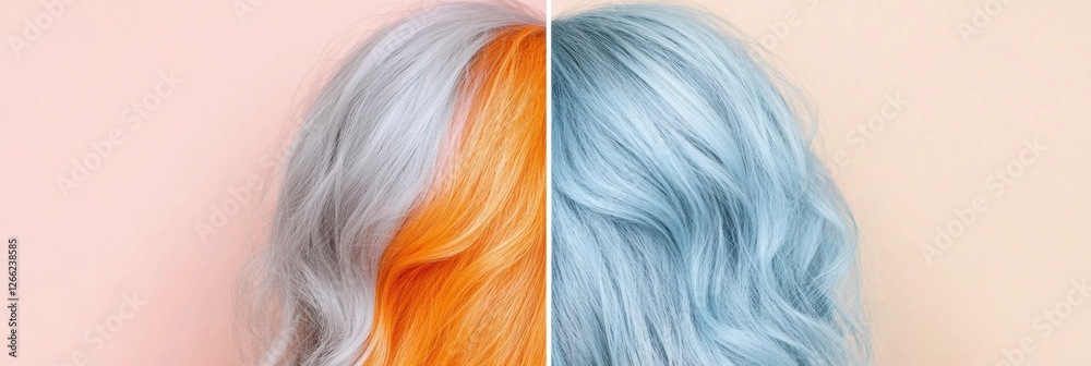 Poster comparison of gray hair transitioning to vibrant dyed colors with text space for additional content.