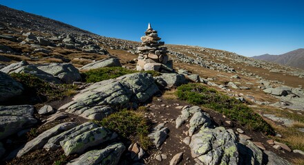 Fototapeta premium Hiking Trail Marker Stacked Stone Cairn on Rocky Mountain Slope Under Blue Sky