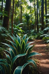 A lush forest path surrounded by vibrant green plants and trees.