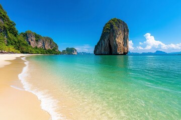 Naklejka premium Vibrant Tropical Beach with Turquoise Waters and Dramatic Limestone Cliffs