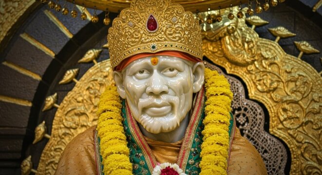 A serene sai baba statue of a revered spiritual figure adorned with floral garlands, set against an ornate backdrop