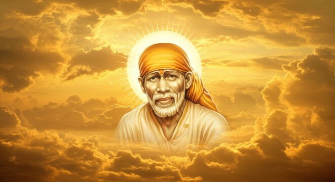Serene portrait of a sai baba surrounded by radiant clouds, symbolizing peace and spirituality