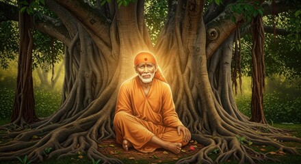 Serene sai baba meditating under a grand banyan tree, surrounded by lush greenery and soft sunlight