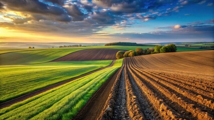 Serene Rural Landscape at Sunset Rolling Hills, Cultivated Fields, and a Dirt Road