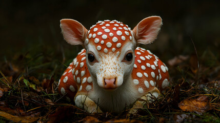 Obraz premium Adorable fawn in autumn leaves, forest background, wildlife photography