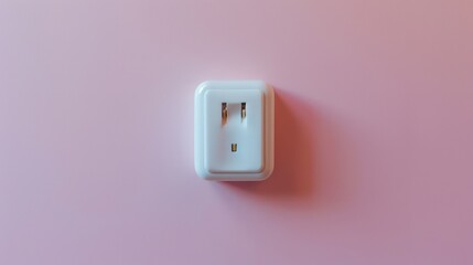 A minimalistic shot of a white three-prong electrical plug, placed on a smooth light pink background 