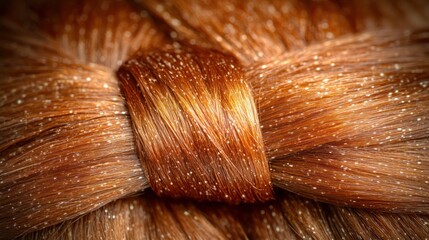 Closeup of a braided reddish-brown hair knot with dandruff
