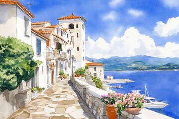 Fototapeta premium Sunlit Coastal Town Watercolor Painting