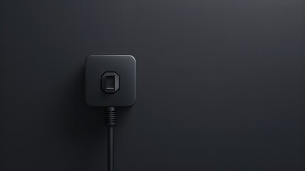 Modern electrical plug with glossy black surface, placed on a smooth dark grey background