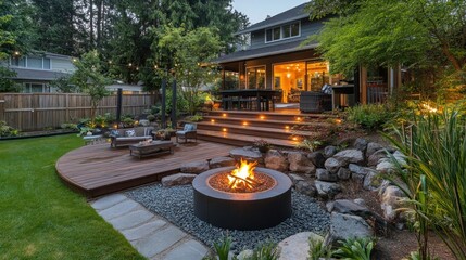 Inviting backyard patio with warm fire pit and tranquil outdoor retreat