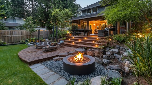 Inviting backyard patio with warm fire pit and tranquil outdoor retreat