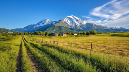 Obraz premium Snow Capped Mountains and Lush Green Valley Landscape