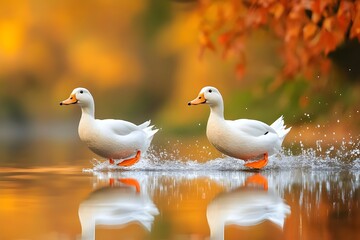 Fototapeta premium Chasing the surface of the lake with their beaks dipping into the water and their feet flicking nimbly, these white ducks make the lakeside a lively play stage