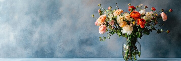 Colorful ranunculus bouquet in a glass vase against a textured blue background in a bright indoor setting. Generative AI