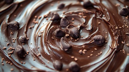 Close-up of chocolate frosting swirls with chocolate chips on a cake