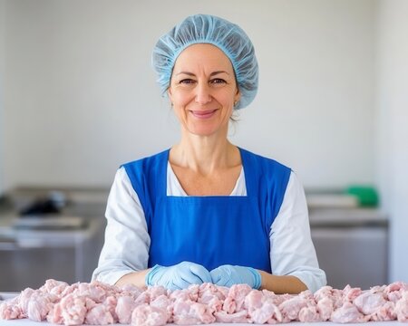 Smiling Female Food Processor Working with Chicken - Powered by Adobe
