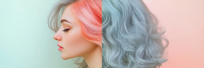 Transformation from gray hair to vibrant dyed locks showcases individuality and style choices during a creative process. Generative AI