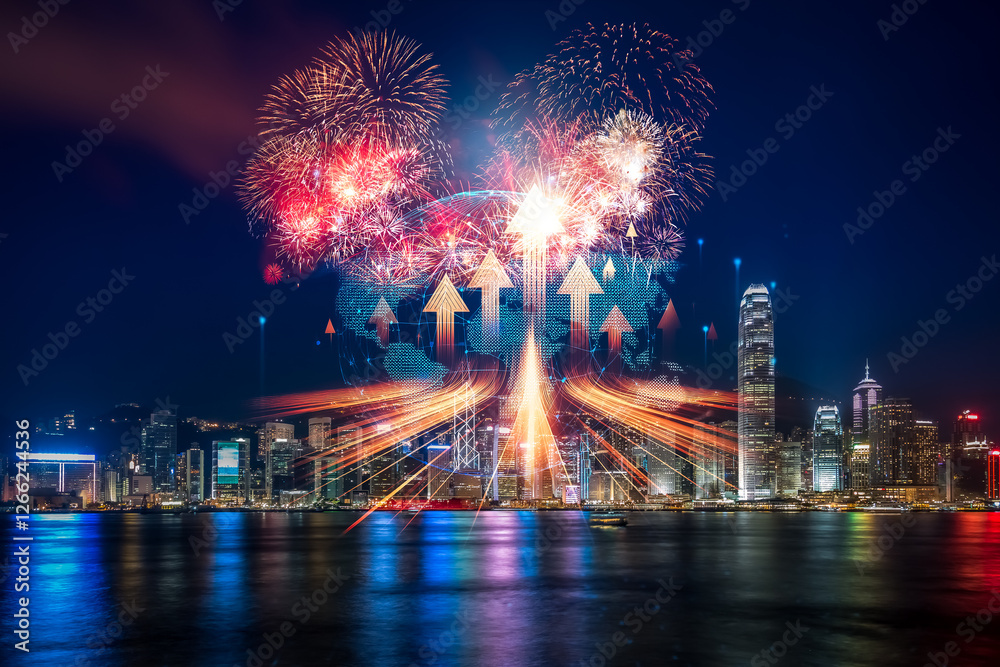 Poster Hong Kong skyline at night with fireworks and upward arrows. A double exposure concept showing growth and progress in the city.