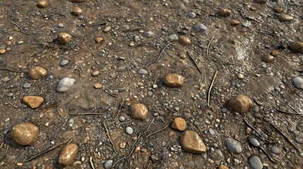 Mud path with rocks and twigs. Natural outdoor ground texture