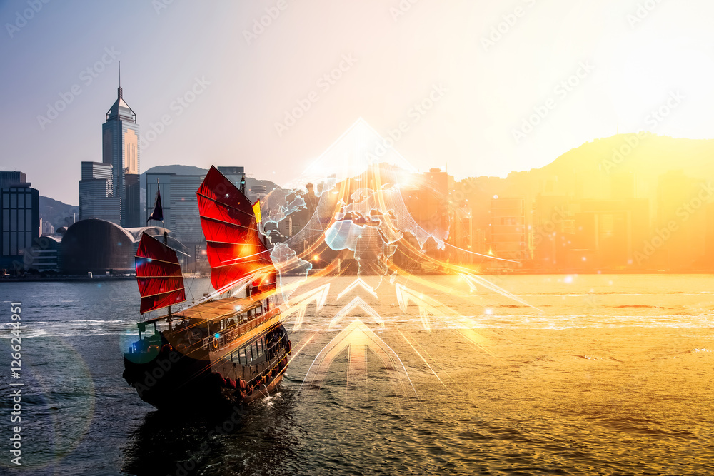 Poster hong kong cityscape with a traditional junk boat, utilizing a double exposure technique to symbolize