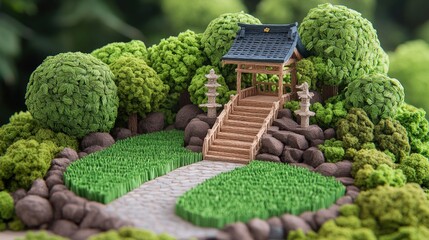 Miniature model of a house in a garden with a detailed japanese themed diorama display