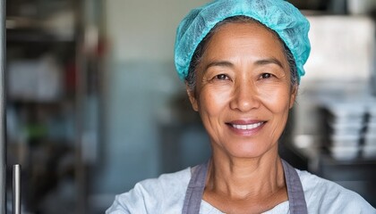 Smiling Asian Woman in Kitchen Hairnet and Apron