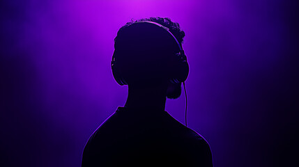 Silhouette of a man wearing audio headphones, listening to music with a dark purple background