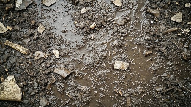 Muddy path with debris, wet ground, construction site