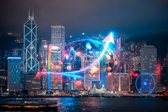 Double exposure concept image of Hong Kong's vibrant cityscape at night showcasing growing digital network and upward progress.