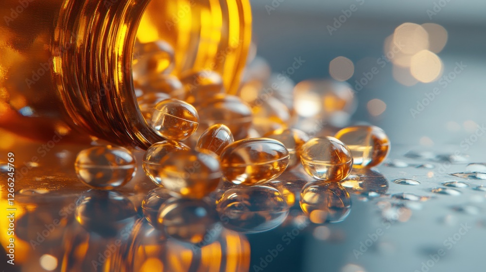 Poster golden capsules spill from a glass container reflecting light on a shiny surface. generative ai