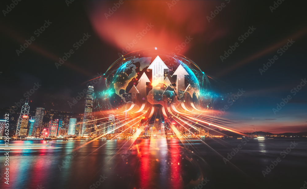Poster hong kong at night with double exposure effect. arrows growing up overlaying the cityscape, conveyin