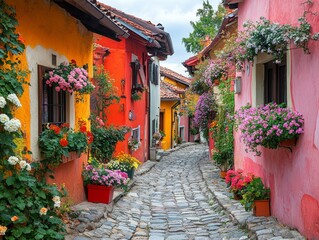 Fototapeta premium Charming Cobblestone Streetscape: Vibrant Buildings Adorned with Flowers in a Picturesque European Village with Red Tile Roofs and Lush Greenery