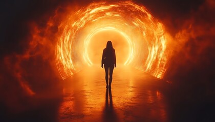 A dark silhouette person walking through a glowing tunnel, a symbol of hope and journey, mysterious and abstract fantasy atmosphere, cinematic lighting effects, 8K quality