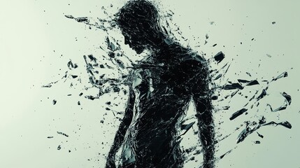 A highdetail silhouette of a person formed from broken glass, with liquid spilling from the cracks, artistic and surreal design, intricate textures and dramatic flow