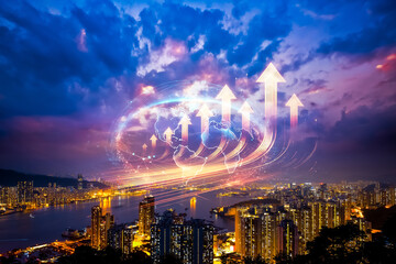 Hong Kong cityscape with double exposure, arrows growing up towards the sky. Conceptual image represents upward progress and urban growth.