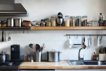 Organized kitchen with wood shelves, stainless steel appliances, and light colored backsplash.
