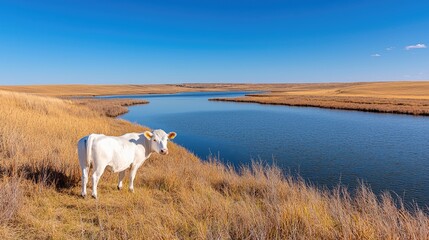 Fototapeta premium White calf by lake, autumn prairie, serene landscape, nature photography